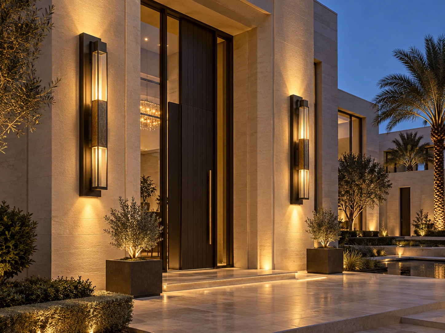 Architectural lighting shown on a dark stone villa facade